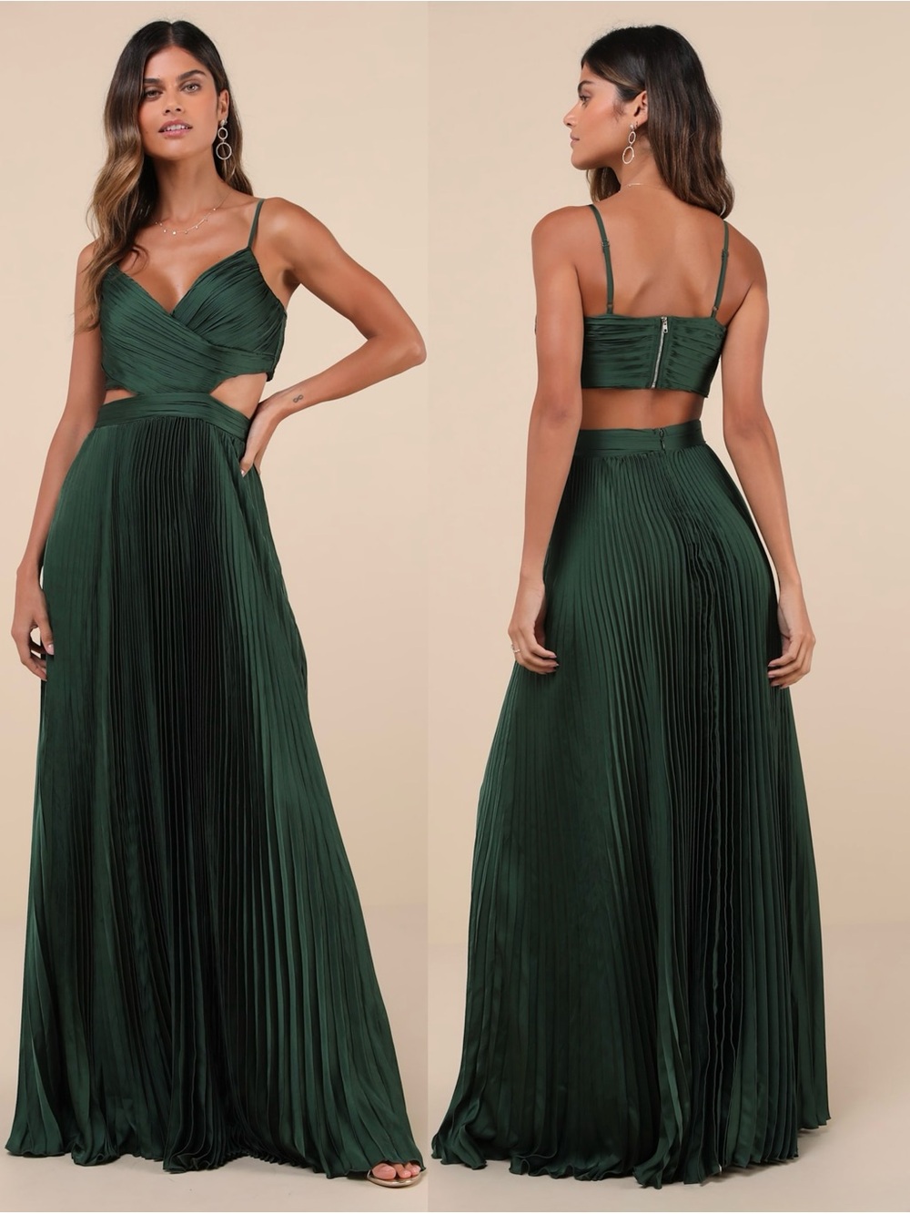 LULUS Emerald Pleated Satin Wrap Bodice Formal Wedding Guest Princess Dress S